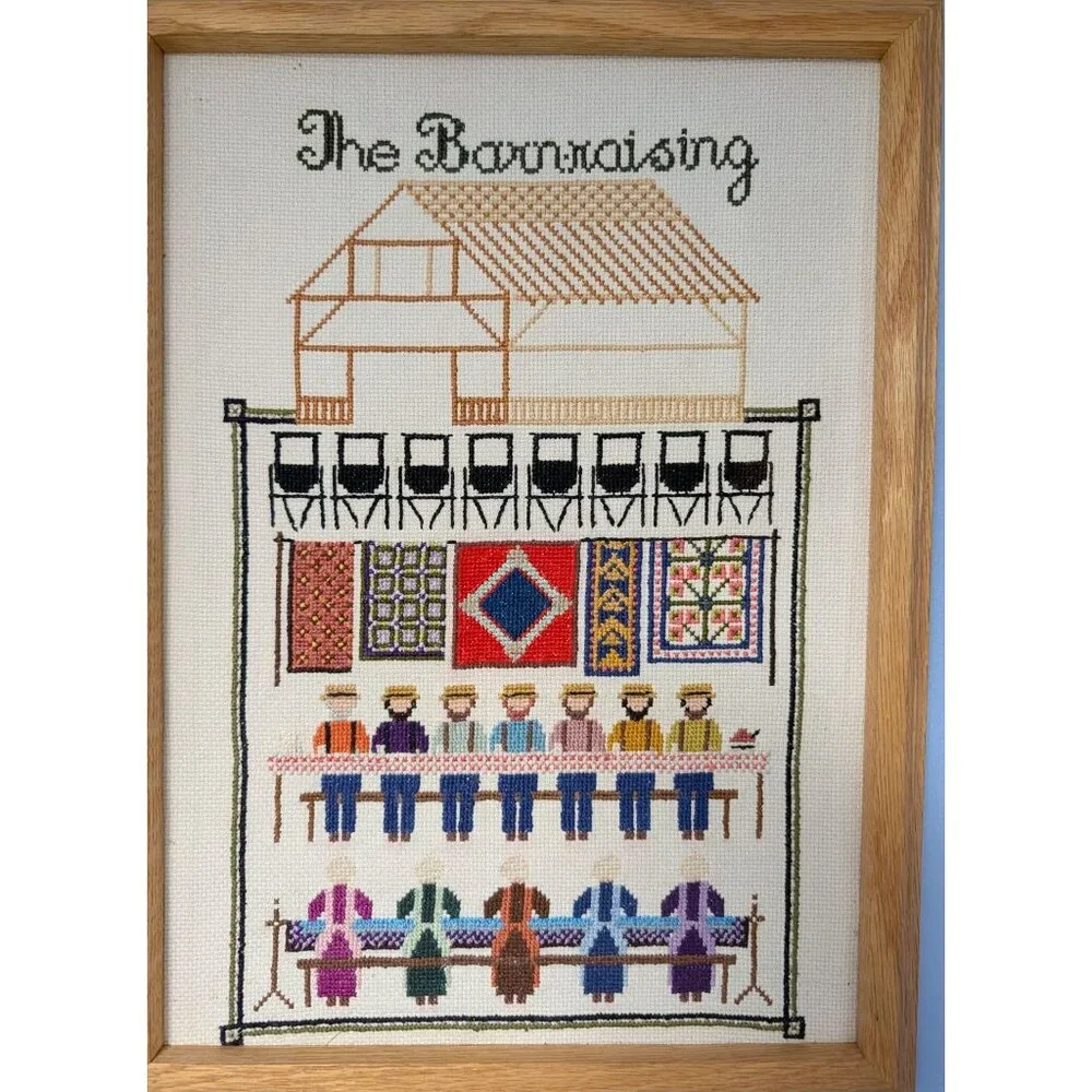 Vintage Barnraising Needlepoint Art Handcrafted Framed Cross Stitch Wall Decor - Picture 8 of 13